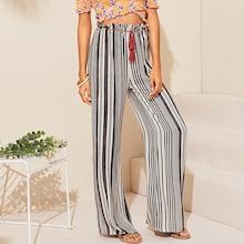 Romwe Tassel Belted Ruffle Trim Wide Leg Striped Pants