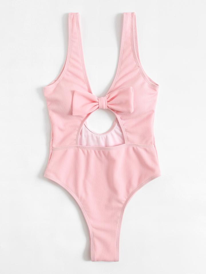 Romwe Bow Decor Low Back Ribbed Swimsuit