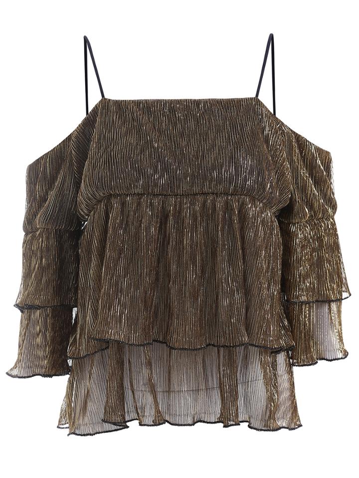 Romwe Spaghetti Strap Ruffle Gold Top