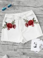 Romwe Embroidered Rose Applique Cutout Frayed Topstitch Shorts