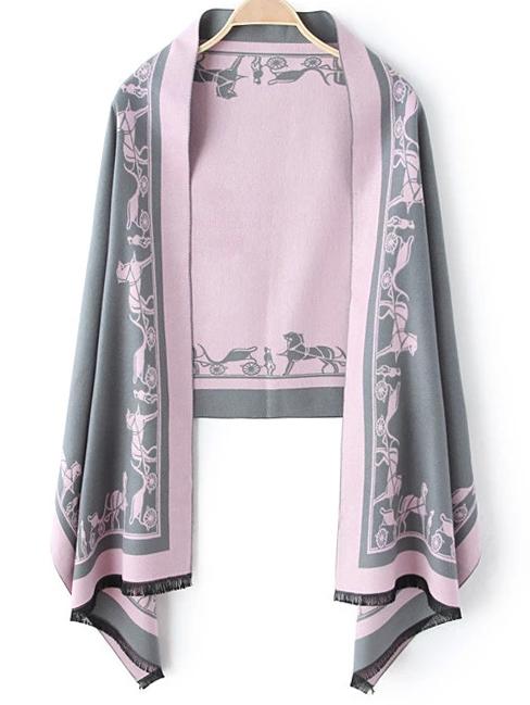 Romwe Carriage Print Fringe Pink Scarf