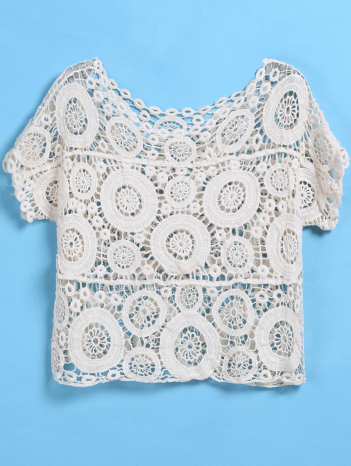 Romwe Short Sleeve Hollow Crop Apricot Blouse