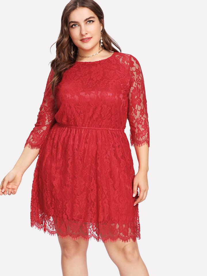 Romwe Raglan Sleeve Eyelash Lace Dress
