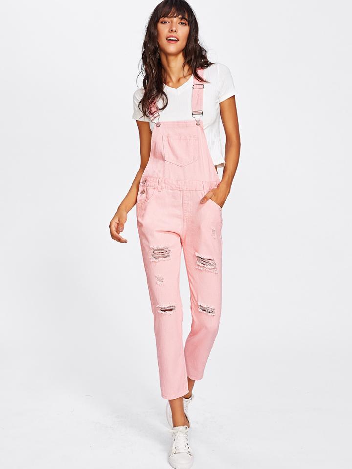 Romwe Pocket Front Ripped Denim Overalls