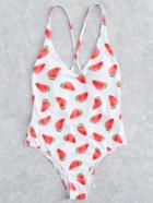 Romwe Crisscross Open Back Watermelon Print Swimsuit