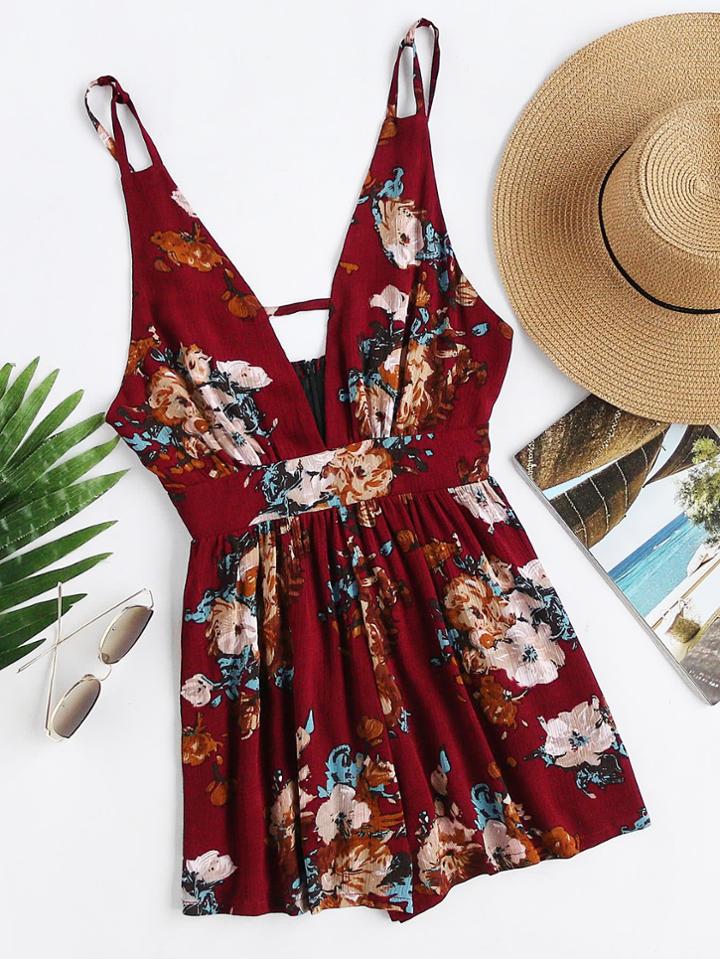 Romwe Plunging V-neckline Floral Print Random Backless Cami Romper