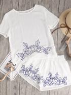 Romwe Flower Embroidered Crinkle Top And Shirred Waist Shorts Co-ord