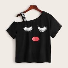 Romwe Letter Tape Panel Open Shoulder Tee