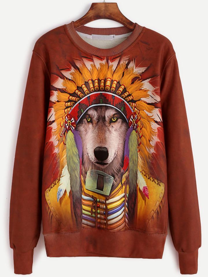 Romwe Wolf Print Long Sleeve Sweatshirt