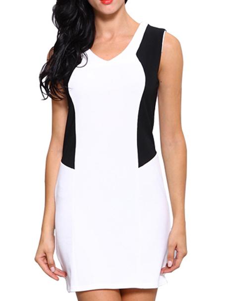 Romwe V Neck Sleeveless Contrast Sheath White Dress