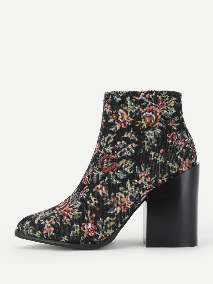Romwe Calico Print Block Heeled Ankle Boots