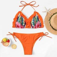 Romwe Frill Trim Floral Top With Side Tie Bikini Set