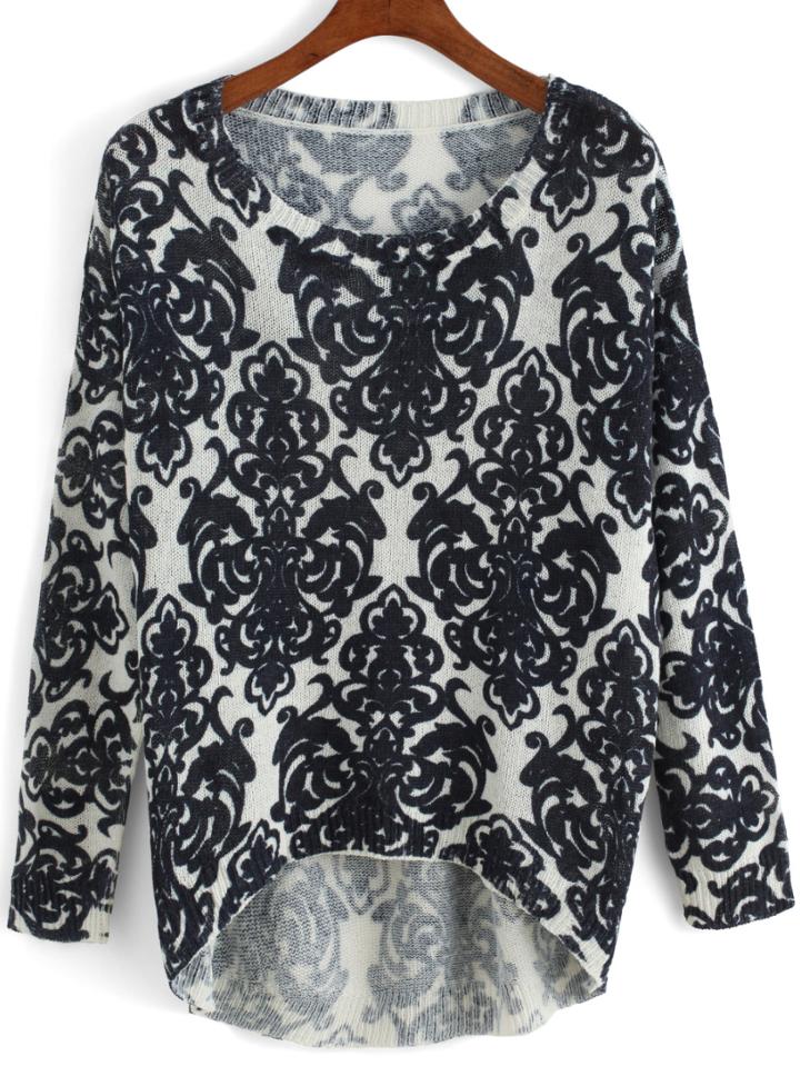 Romwe Dip Hem Vintage Print Blue Sweater