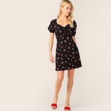 Romwe Frill Trim Knot Front Cherry Print Dress