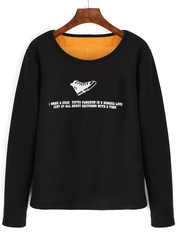 Romwe Shoe Print Thicken Black T-shirt