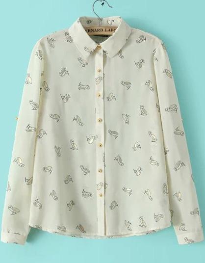 Romwe Beige Long Sleeve Owl Print Chiffon Blouse
