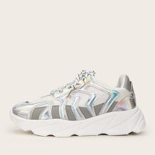 Romwe Lace-up Front Iridescent Panel Sneakers