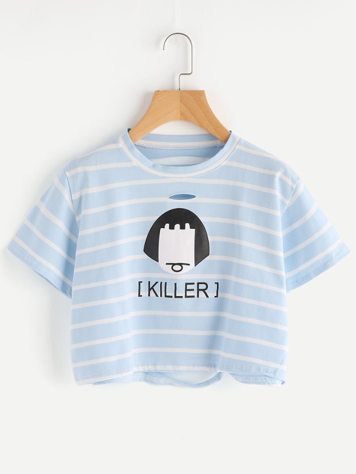Romwe Striped Graphic Print Ripped Tee