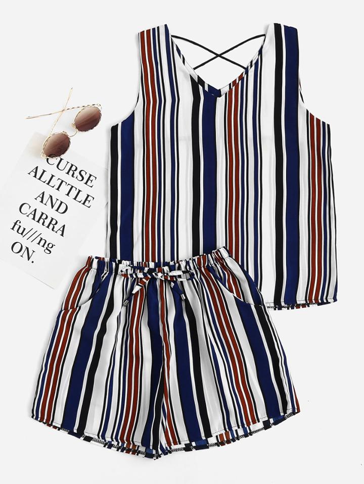 Romwe Striped Criss Cross Back Top With Shorts