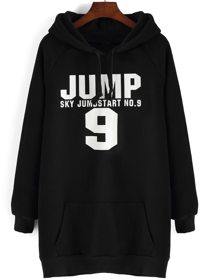 Romwe Hooded Drawstring Letter Print Black Sweatshirt Dress