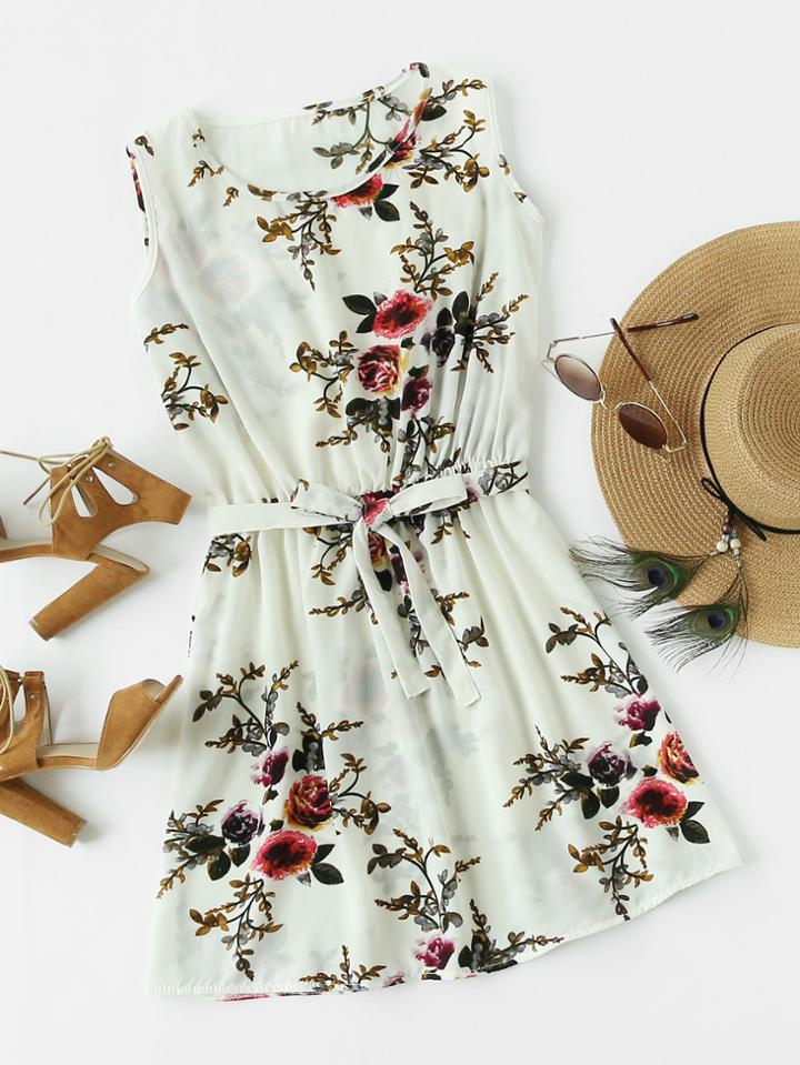 Romwe Floral Print Random Chiffon Dress With Belt