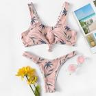 Romwe Random Botanical Knot Top With High Leg Bikini Set