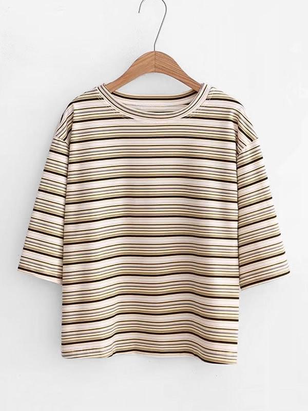 Romwe Half Sleeve Striped Tee