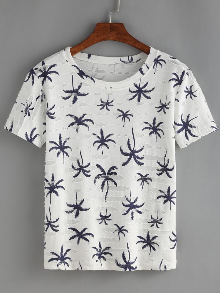 Romwe Coconut Trees Print T-shirt