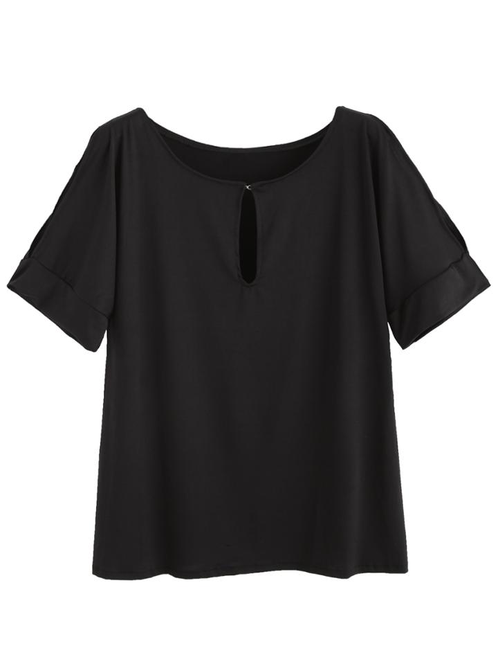Romwe Black Open Shoulder Keyhole Front T-shirt
