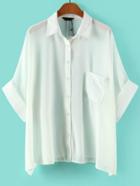 Romwe White Rolled Cuff Blouse With Pocket