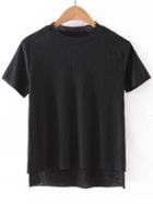 Romwe Black Dipped Hem Short Sleeve Rib T-shirt