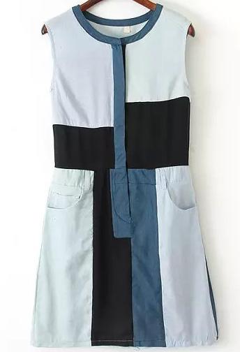 Romwe Colour-block Sleeveless Pocket Denim Dress