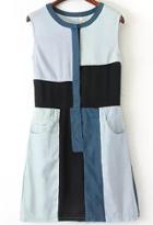Romwe Colour-block Sleeveless Pocket Denim Dress