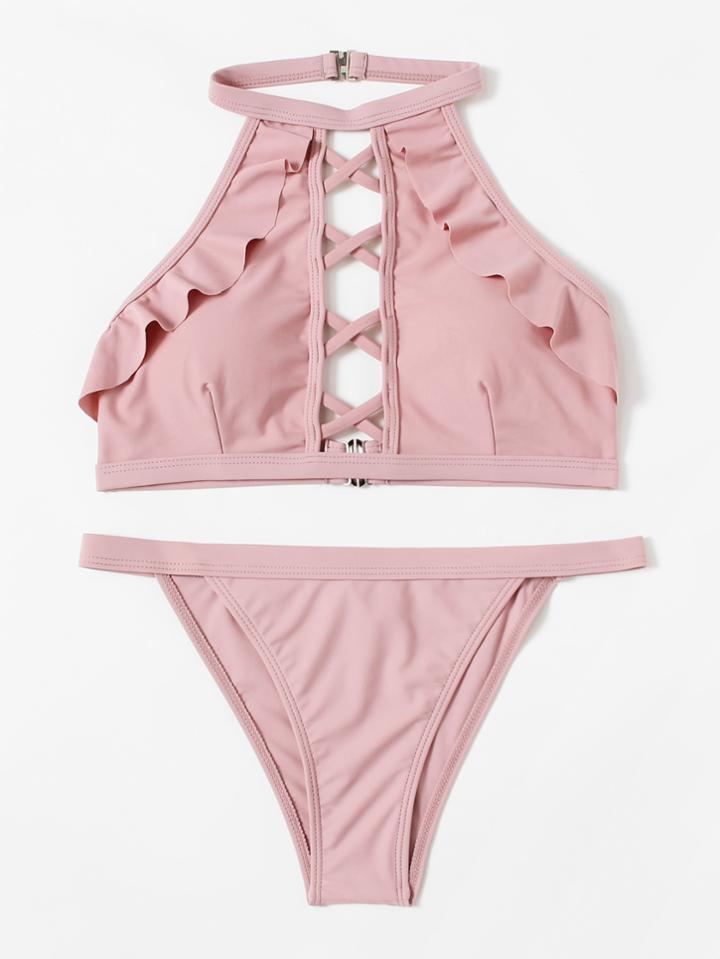 Romwe Criss Cross Ruffle Bikini Set