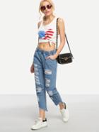 Romwe Ripped Raw Hem Elastic Waist Blue Jeans