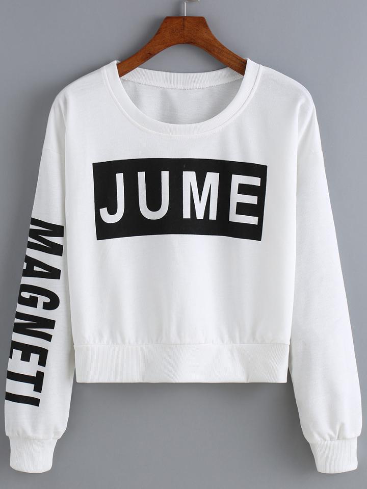 Romwe Round Neck Letter Print Crop Sweatshirt