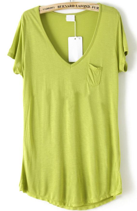 Romwe V Neck With Pocket Green T-shirt