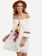 Romwe White Tassel And Woven Tape Embellished Off The Shoulder Dress