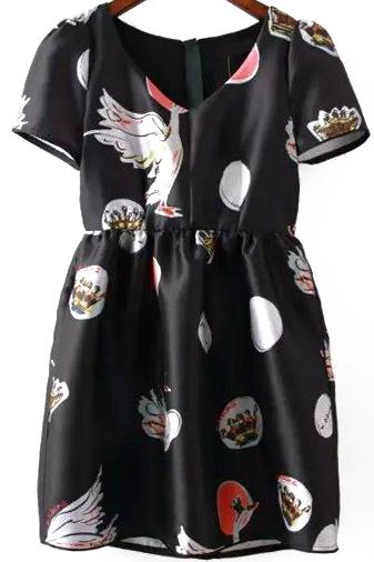 Romwe V Neck Swan Print Flare Dress