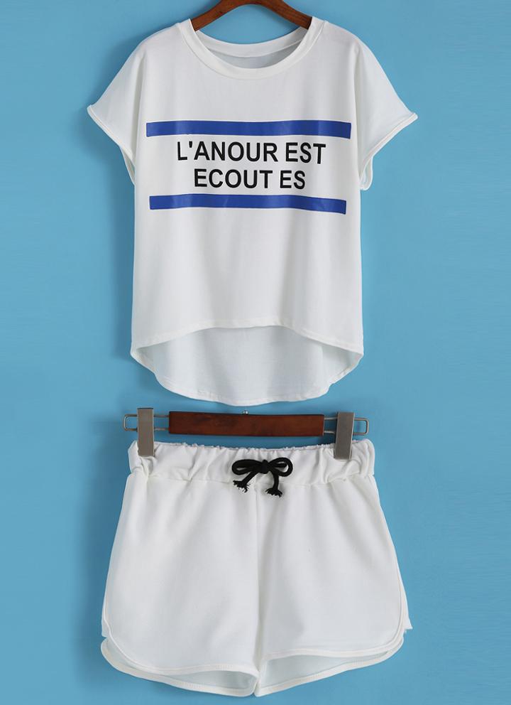 Romwe Dip Hem Letter Print Top With Drawstring White Shorts