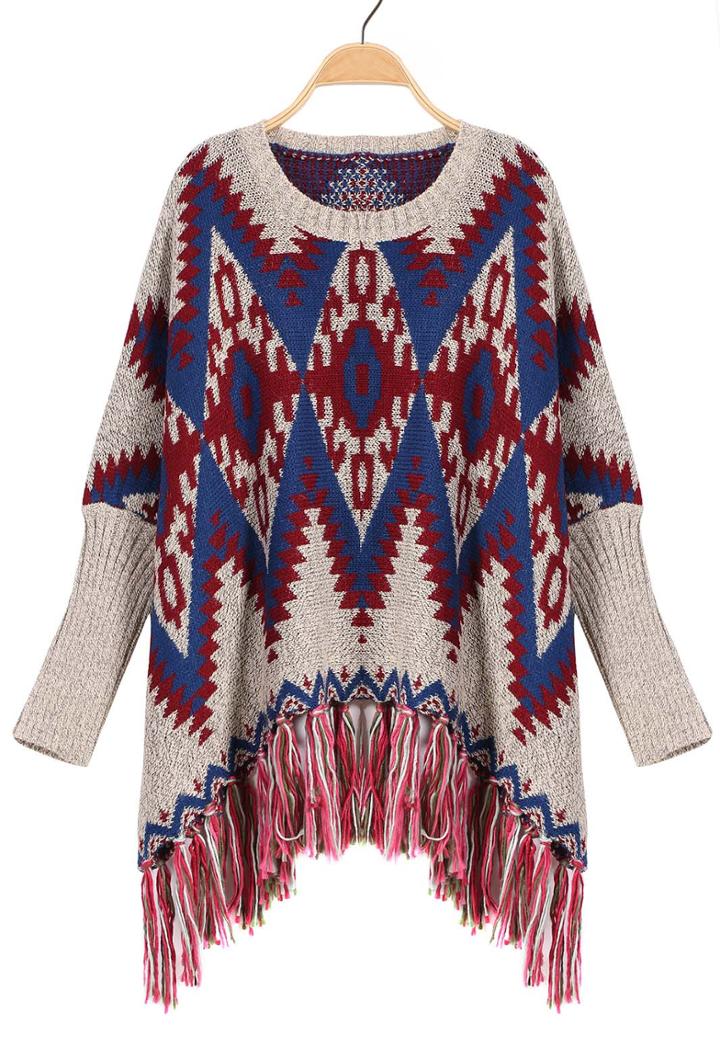 Romwe Geometric Print Tassel Knit Blue Sweater
