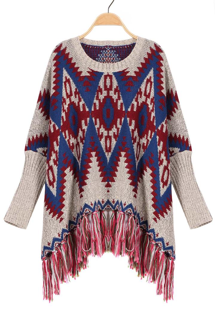 Romwe Geometric Print Tassel Knit Blue Sweater