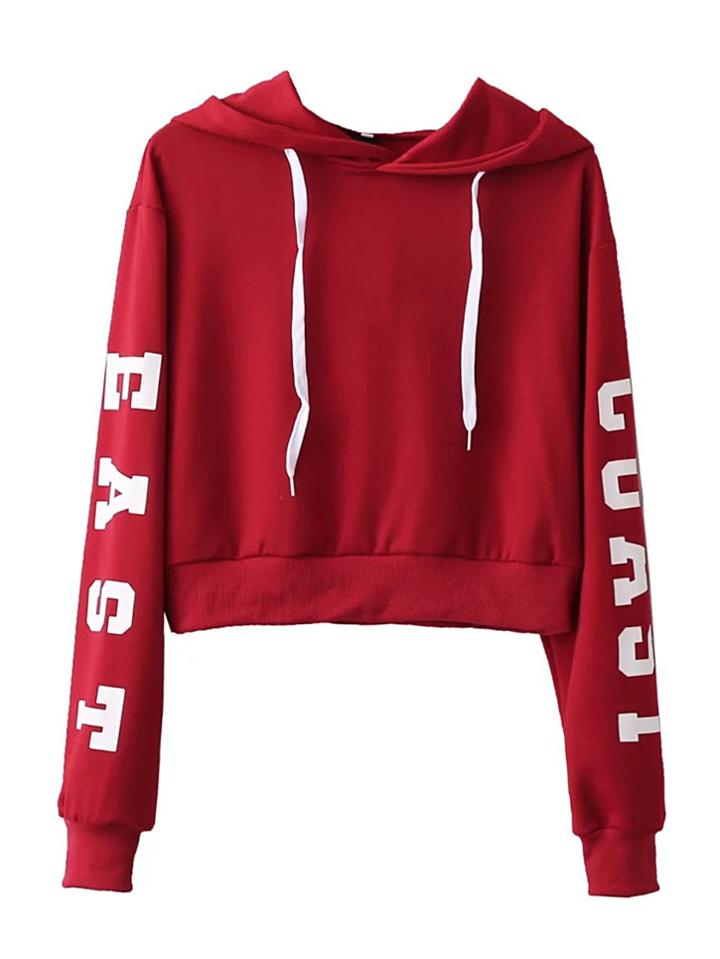 Romwe Letter Print Drawstring Hooded Crop Sweatshirt