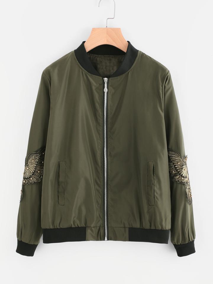 Romwe Eagle Patch Pearl Beaded Sleeve Zip Up Jacket