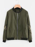 Romwe Eagle Patch Pearl Beaded Sleeve Zip Up Jacket