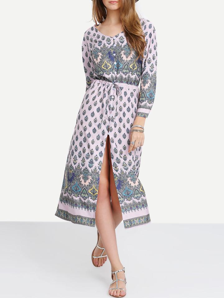 Romwe Pink Adjustable Sleeve And Waist Boho Dress