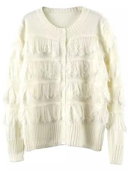 Romwe Round Neck Tassel White Cardigan