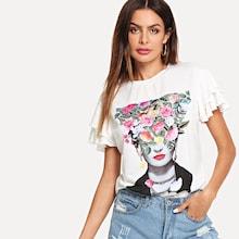 Romwe Figure & Flower Print Flutter Sleeve Tee