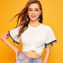 Romwe Contrast Fringe Cuff Tee