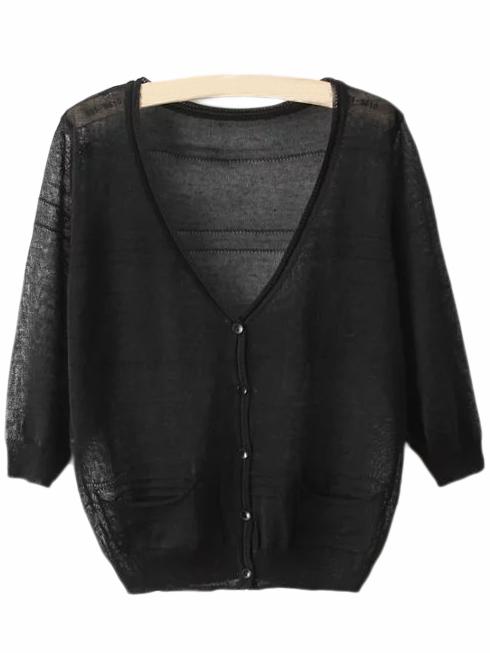 Romwe Black V Neck Pockets Buttons Cardigan Sweater